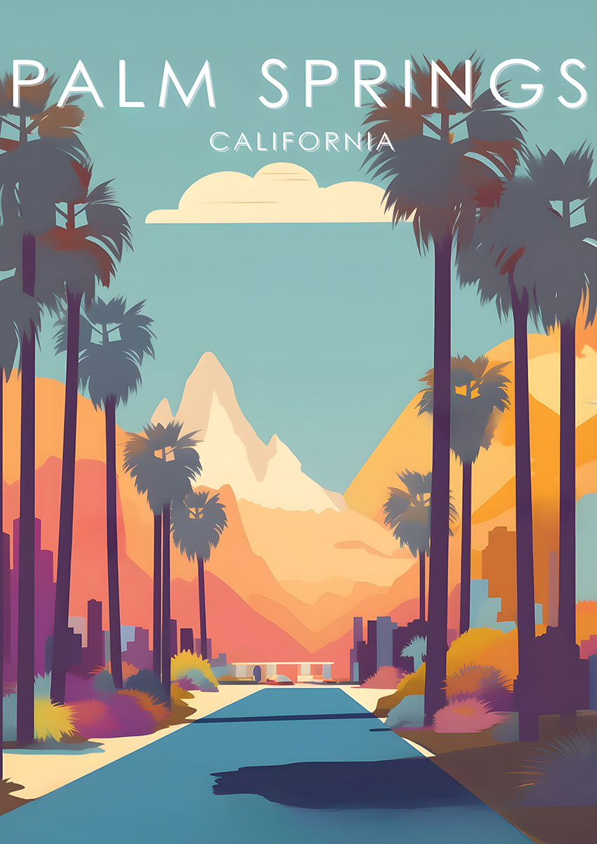 Vibrant illustration of a Palm Springs California landscape with palm trees and mountains
